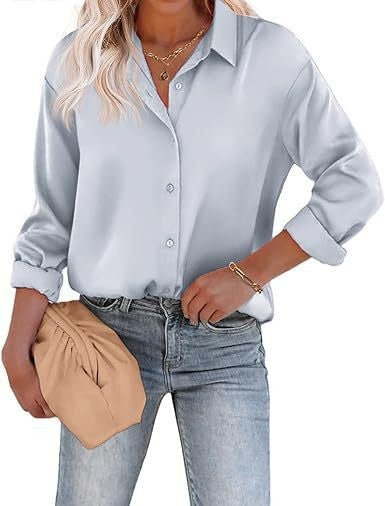 Women's Blouse Satin Shirts Button Down Shirts Casual Loose Long Sleeve Office Work Tunic Tops