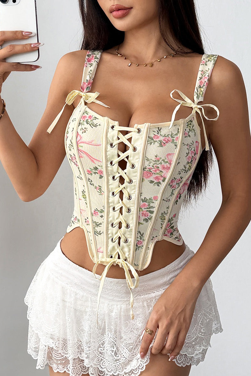 Women's Floral Print Spaghetti Strap Cami Top Boning Tie Bow Detail Slim Fit Sleeveless Summer Garden Party Casual Going Out Top - Seldom Seen Styles