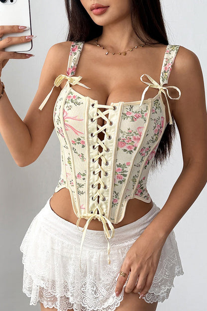 Women's Floral Print Spaghetti Strap Cami Top Boning Tie Bow Detail Slim Fit Sleeveless Summer Garden Party Casual Going Out Top