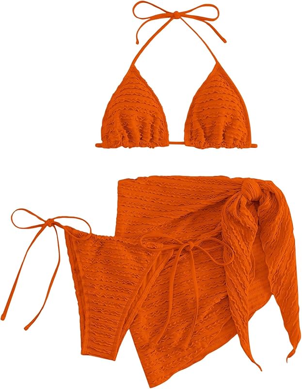 Women's 3 Piece Swimsuits Halter Triangle String Bikini Set with Beach Skirt Swimwear Set - Seldom Seen Styles