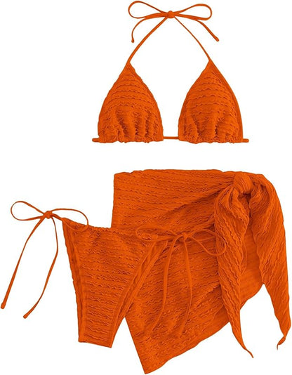 Women's 3 Piece Swimsuits Halter Triangle String Bikini Set with Beach Skirt Swimwear Set - Seldom Seen Styles