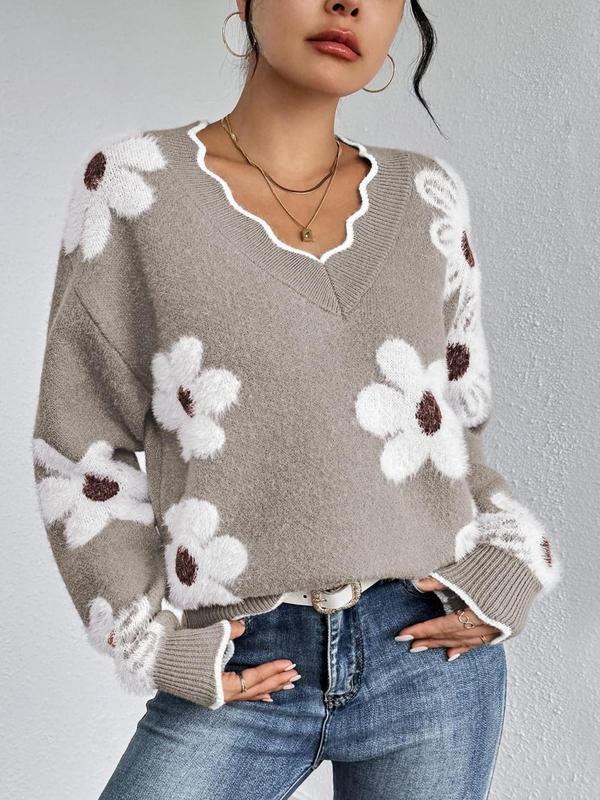 Women's Floral Pattern Scallop Trim Drop Shoulder Sweater, Casual Long Sleeve V Neck Jumper for Fall & Winter, Fashion Ladies' Knitwear for Daily Wear - Seldom Seen Styles