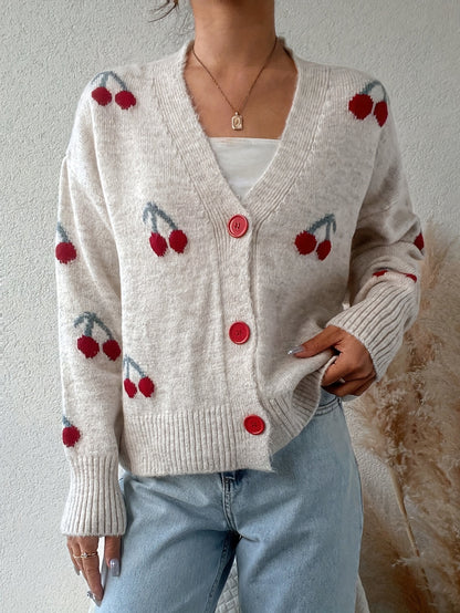 Women's Cherry Pattern Button Front Knitting Longsleeves Cardigan, Casual Elegant Long Sleeve Sweater Cardigan for Fall &amp; Winter, Women's Knit Clothing for Daily Wear, Cardigan for Women, Women's Cardigan, Womenswear, Knitwear, Clothe