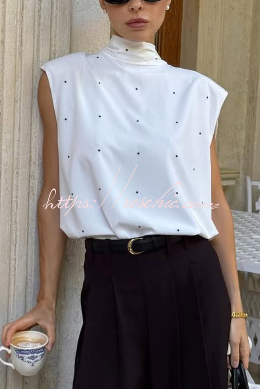 Polka Dot Print Open Backless Stand Collar Sleeveless Ribbon Top - Seldom Seen Styles