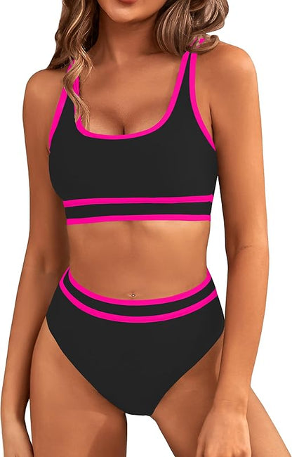 Women's High Waisted Bikini Sets Sporty Two Piece Swimsuits Color Block Cheeky High Cut Bathing Suits - Seldom Seen Styles