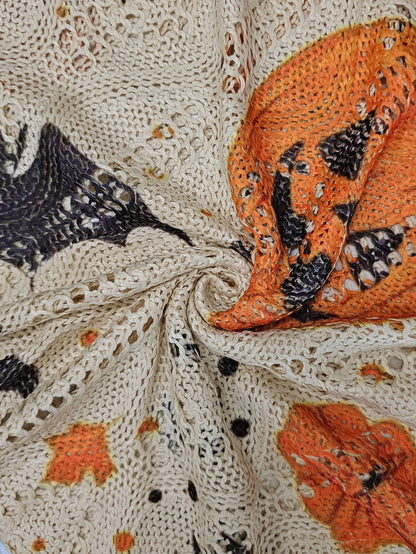 Women's Halloween Pumpkin Print Long Sleeve Knit Top, Casual Elegant Vacation Style, Loose Fit Batwing Shoulder, Spring Summer Fall Wear