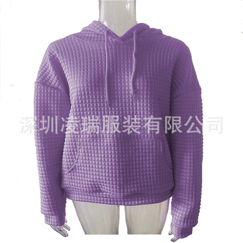Womens Hoodies Casual Long Sleeve Drawstring Waffle Pullover Tops Loose Hooded Sweatshirt with Pocket - Seldom Seen Styles