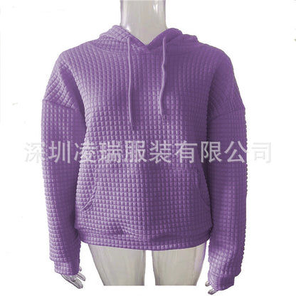 Womens Hoodies Casual Long Sleeve Drawstring Waffle Pullover Tops Loose Hooded Sweatshirt with Pocket