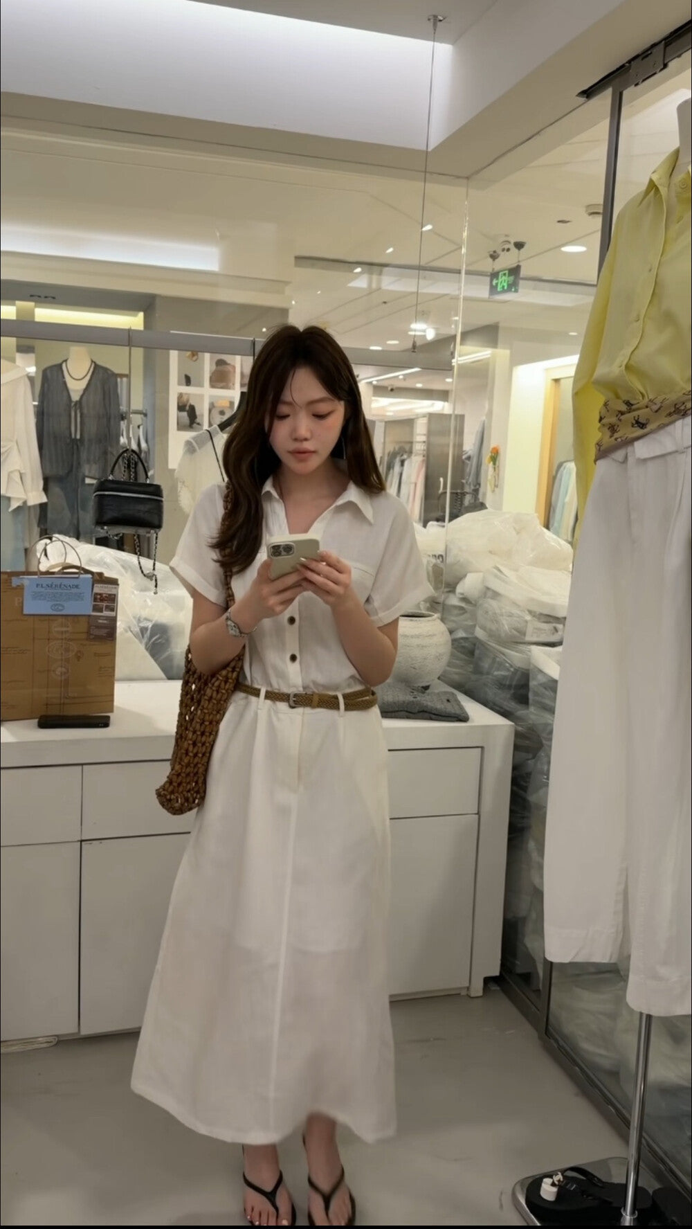 French Style Collared Short Sleeve Shirt Dress A-Line Midi Dress with Woven Belt Included White Black Khaki - Seldom Seen Styles