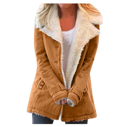 Womens Winter Warm Jackets Long Sleeve Stand Collar Wool Liner Sherpa Fleece Coats Thicker Outerwear with Pockets