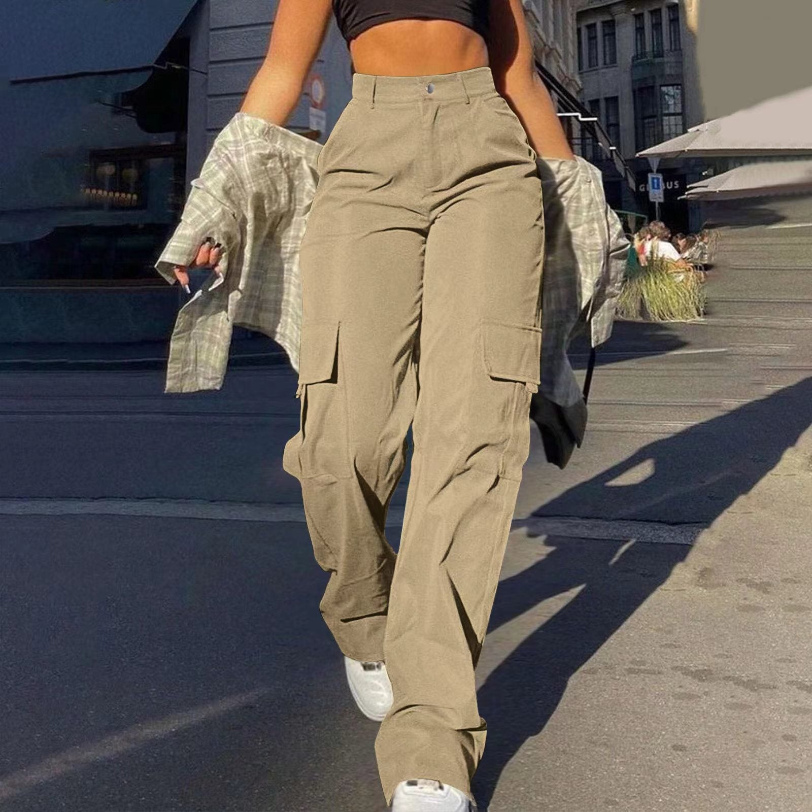 Women's Basic Minimalist Plain Button Front Pocket Cargo Pants, Fashion Y2K Clothes Women, Comfort Casual Street High Waist Wide Leg Trousers For Spring & Fall, Summer Pants, Ladies' Bottoms For Daily Wear, Womenswear, Preppy 80s Clothes - Seldom Seen Styles
