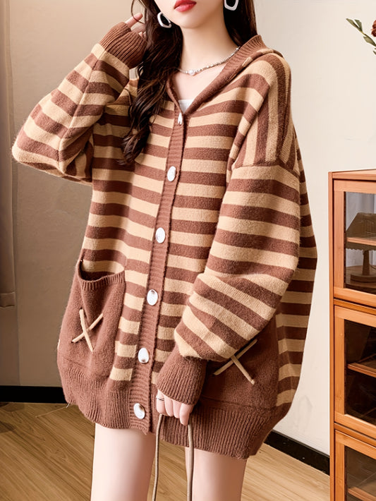 Stripe Pattern Hoodie Button Cardigan, Casual Long Sleeve Pockets Cardigan For Fall & Winter, Women's Clothing