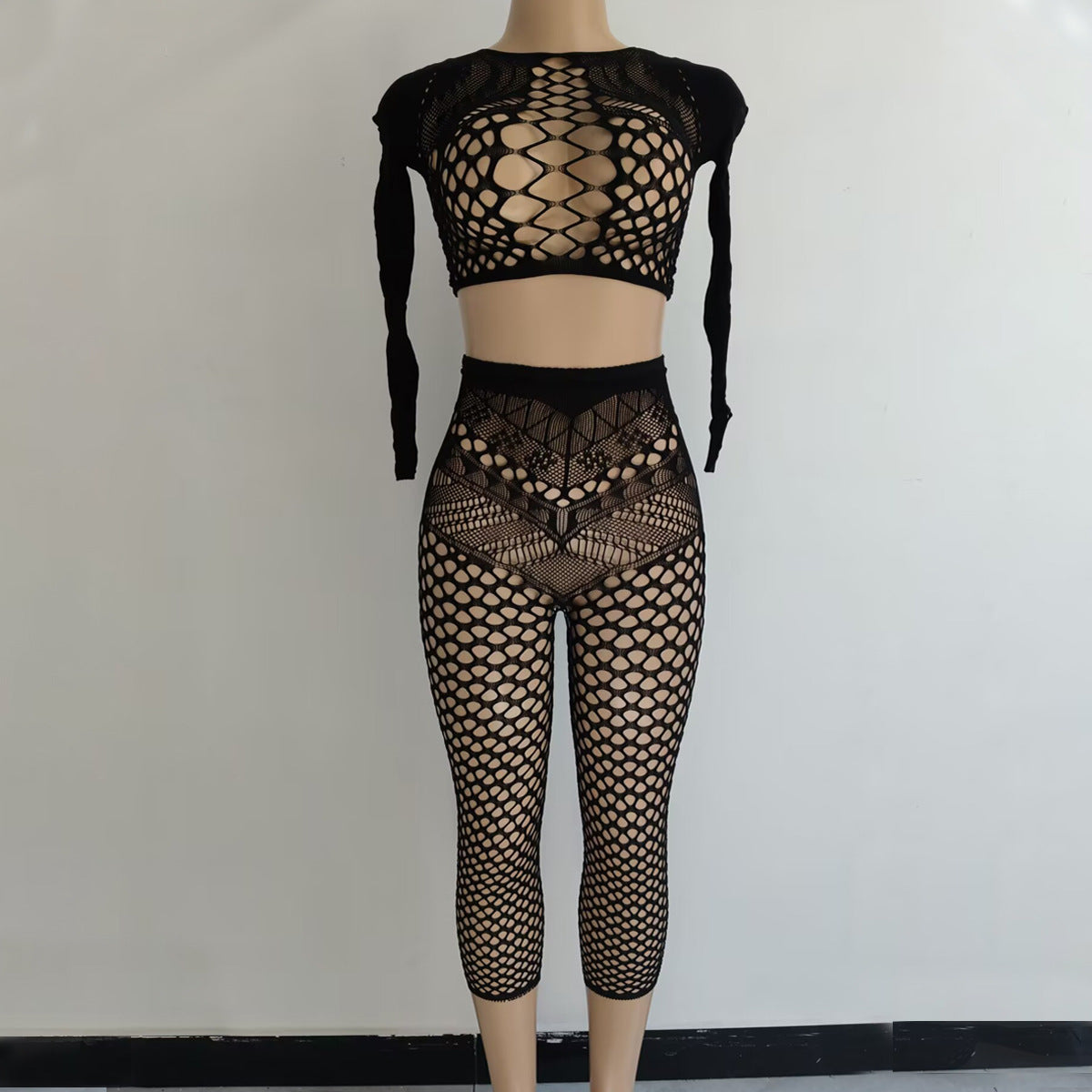 Sexy Dessous Außenhandel Langarm Bodycon Kleid Kurzen Rock Aushöhlen Backless Mesh Bodysuit