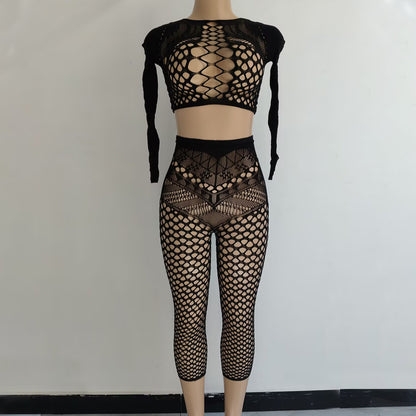 Sexy Dessous Außenhandel Langarm Bodycon Kleid Kurzen Rock Aushöhlen Backless Mesh Bodysuit