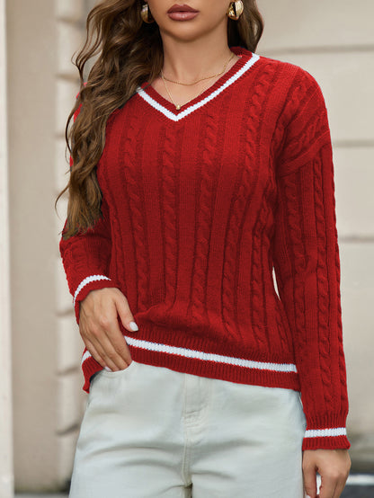 Loose Twist All-Match Top for Women Autumn Winter Sweater  Temperament V Collar Sweater Fashion