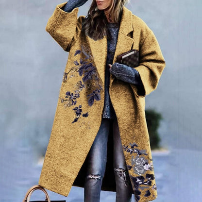 New Arrival  Autumn Foreign Women's Clothing  Long Sleeve Turn-down Collar Coat Printed Woolen Long-Cut Coat