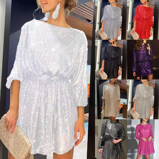 Elegant Sequin Party Dress for Women - Sparkling Long Sleeve, Round Neck with