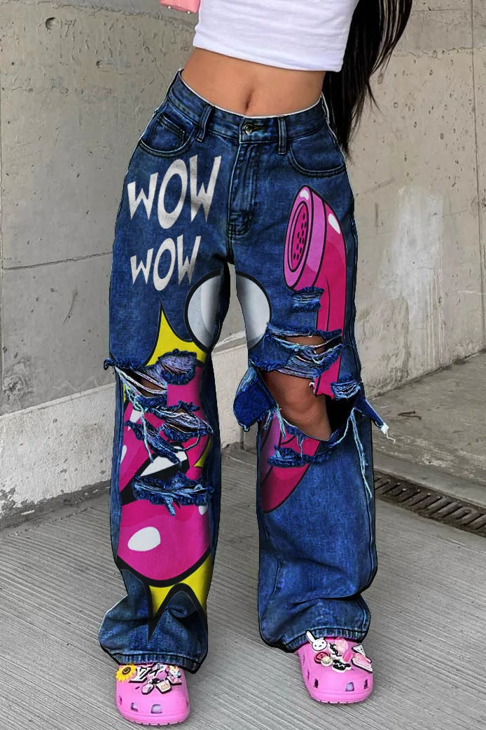 Mid Waist Printed Baggy Jeans - Seldom Seen Styles