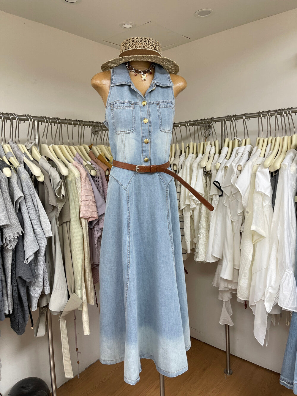 Women's Light Blue Denim Sleeveless Belted A-Line Maxi Dress Gold Button Lapel Collar with Free Belt M L - Seldom Seen Styles
