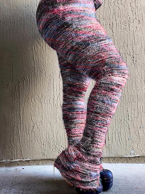 Women's Striped Print Flare Leg Fuzzy Sweater Pants, Casual Street Comfy Knit Bell Bottom Trousers For Fall & Winter, Women's Knitwear For Daily Wear - Seldom Seen Styles