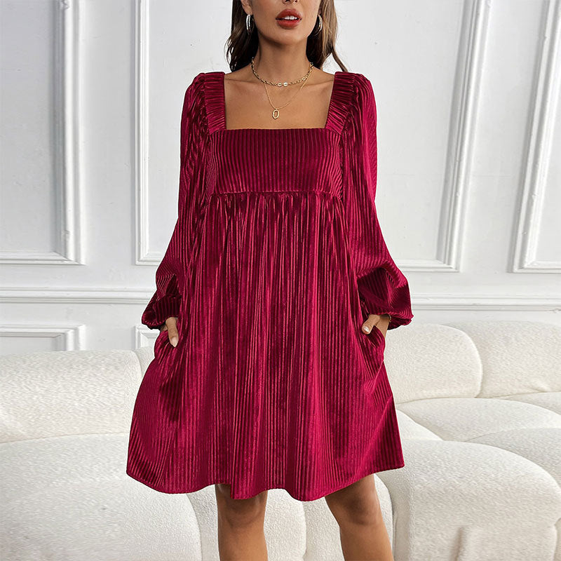 Velvet Square Collar Backless Dress 2024New Autumn  Winter