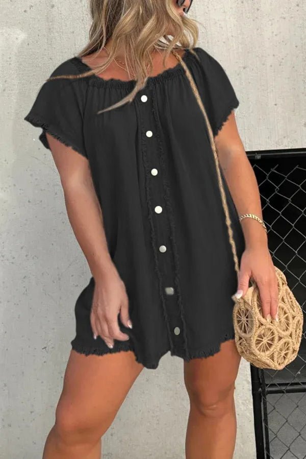 Fashionable Off Shoulder Short-sleeved Loose Denim Mini Dress - Seldom Seen Styles