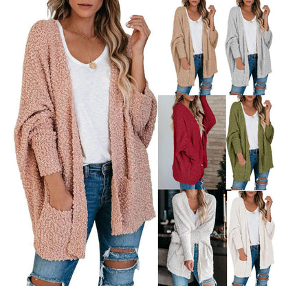 Women's Solid Color Batwing Sleeve Open Front Cardigan, Casual Long Sleeve Outerwear for Fall & Winter, Women's Knit Clothing for Daily Wear