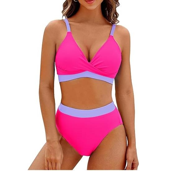 Women's High Waisted Bikini Sets V Neck Two Piece Swimsuit Color Block Twist Front Bathing Suits - Seldom Seen Styles