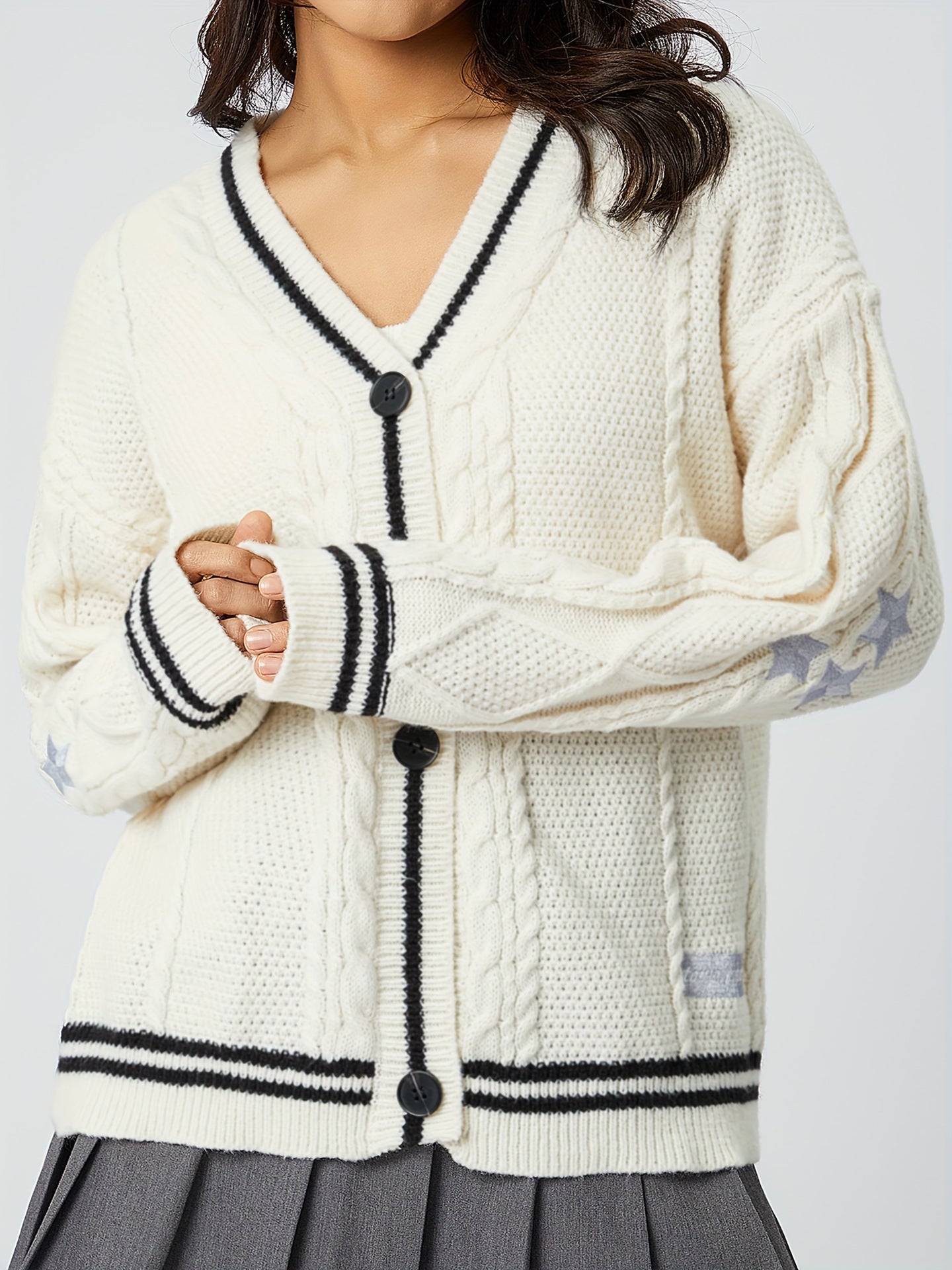 Women's Star & Letter Embroidery Textured Button Front Cable Knit Cardigan, Casual Drop Shoulder Long Sleeve V Neck Cardigan, Women's Knitwear for Fall & Winter - Seldom Seen Styles