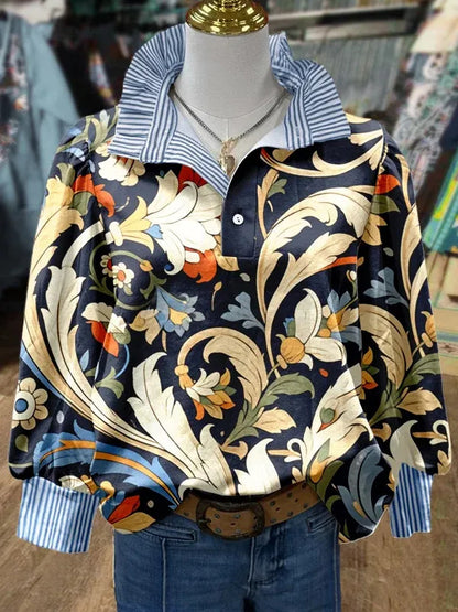 Women's Vintage Floral Print Striped Collar Top Going Outfits Blouses 90s Tops Funny Shirts Women Elegant Classy Tops Blouse Classyoutfit Women cute summer outfit boho Casual Style cute summer outfit women's summer outfits