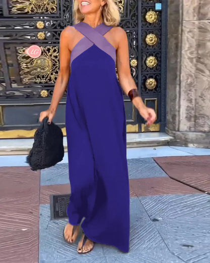 Women's Cross Halter Neck Sleeveless Stitching Dress