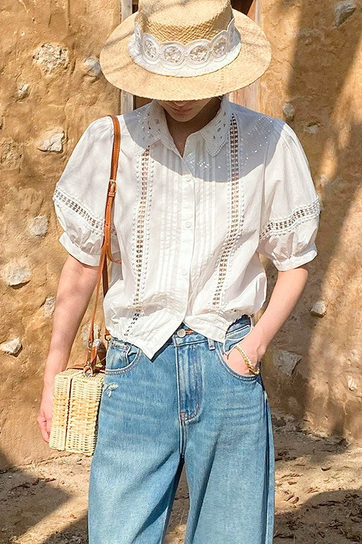 Chic Stripe Lace Puff Sleeve Blouse - Seldom Seen Styles