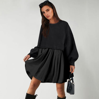 Women Oversized Sweatshirts Hoodie Dress Long Sleeve Crewneck Casual Baggy Patchwork Pleated Flowy Mini Dresses