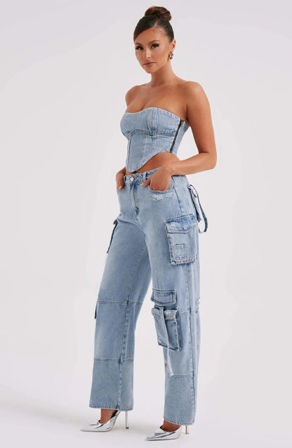 Women's Straight Fit Multi Pocket Denim Trousers  Denim suit