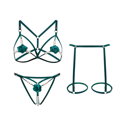 Romantic Rose Embroidered 3-Piece Lingerie Set with Sensory Pearls - T-Back Bra & Thong in 5 Colors