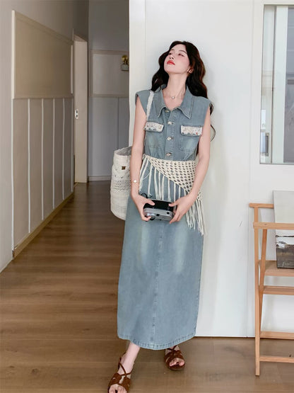 Women's Light Blue Washed Denim Sleeveless Lapel Collar Pearl Button Maxi Dress Lace Floral Chest Pockets Elastic Waist with Free Woven Tassel Waist Accessory S M L XL