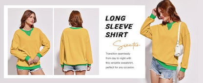 【Up To 3XL】Fisace Christmas Womenswear Striped Oversized Sweatshirt Color Block Crew Neck Long Sleeve Shirt Casual Loose Pullover Top Y2K Clothes back to school