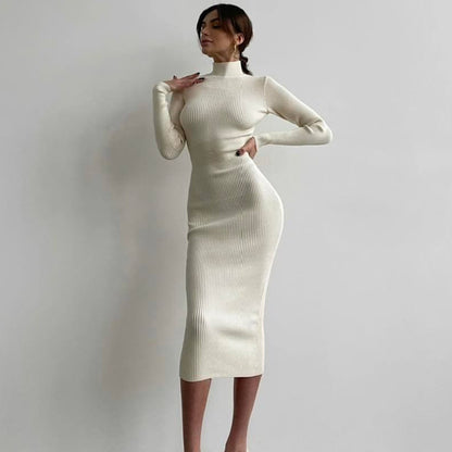 High Collar Mid-Length Sunken Stripe Knitted Dress Women's Solid Color Woolen Tight Sexy2022Autumn and Winter European and American Style Dress