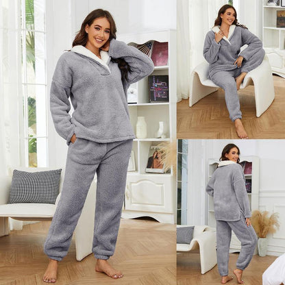 XiaRan Women's Fluzzy Sherpa Fleece Pajamas Warm Pullover Lapel Sleepwear Sets