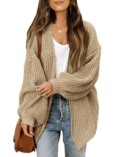 Amazon Foreign Trade Women's Clothing2023Autumn and Winter New Lantern Sleeve Sweater Women's Coat Coarse Yarn Pocket Knitted Cardigan