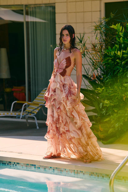 gloria sunset butterfly ruffle layer maxi dress