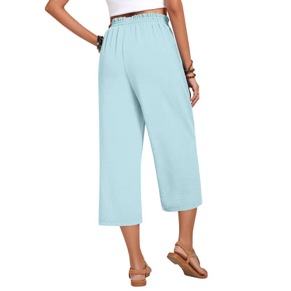 Pantalon Capri pour femme avec cordon de serrage, pantalon Palazzo décontracté avec poches, pantalon de détente ample taille haute à jambes larges