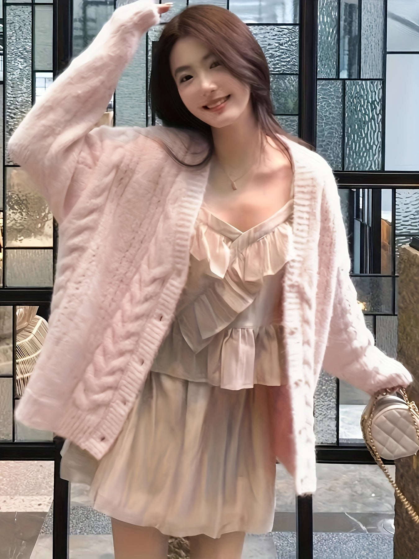 Soft Pink Cable Knit Cardigan - Charming V-Neck Sweater for Women - Perfect for Fall and Winter - Made with Polyester