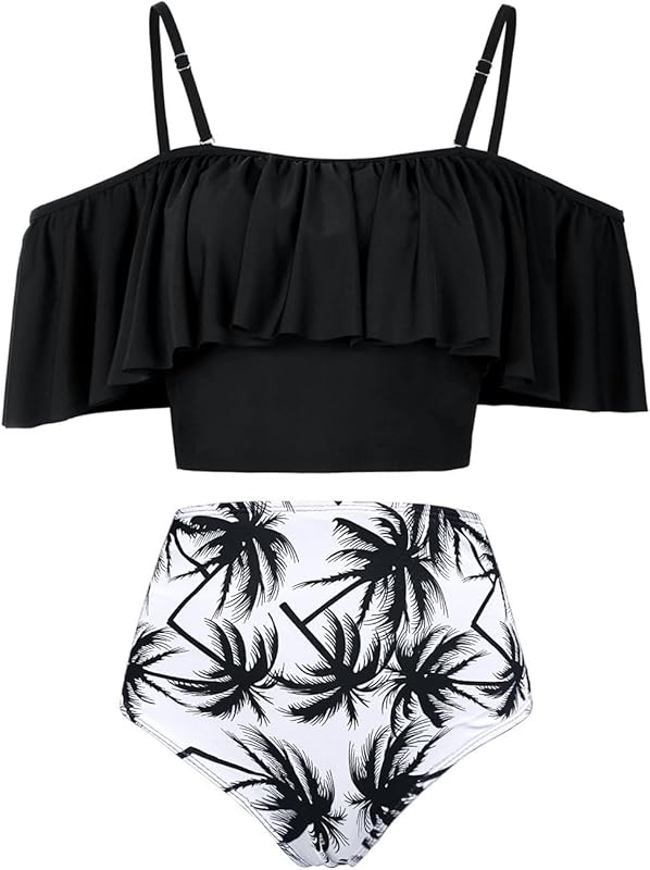 High Waisted Flounce Bikini Set,Tummy Control Swimsuits for Women,Off Shoulder - Seldom Seen Styles