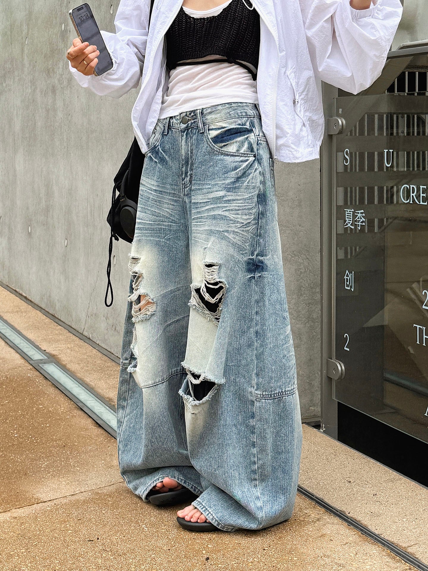 Women's Distressed Ripped Wide Leg Jeans High Waist Baggy Denim Pants Streetwear Y2K Casual Summer Outfit