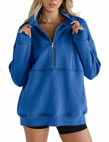 Damen-Sweatshirts mit halbem Reißverschluss, Fleece, Stehkragen, lange Ärmel, Daumenloch, übergroße Pullover mit Taschen