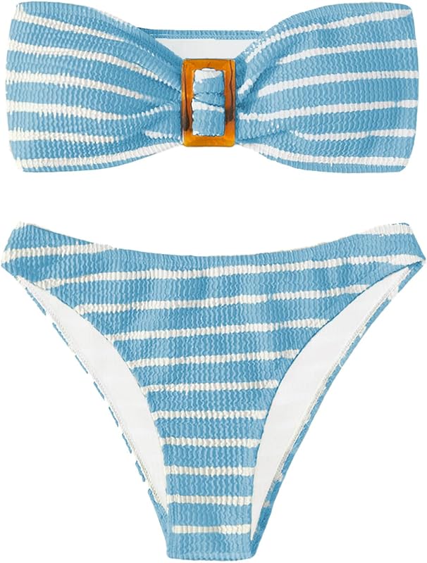 Women's 2 Piece Strapless Swimsuit Striped Bandeau High Waisted Thong Bikini Set Bathing Suit - Seldom Seen Styles