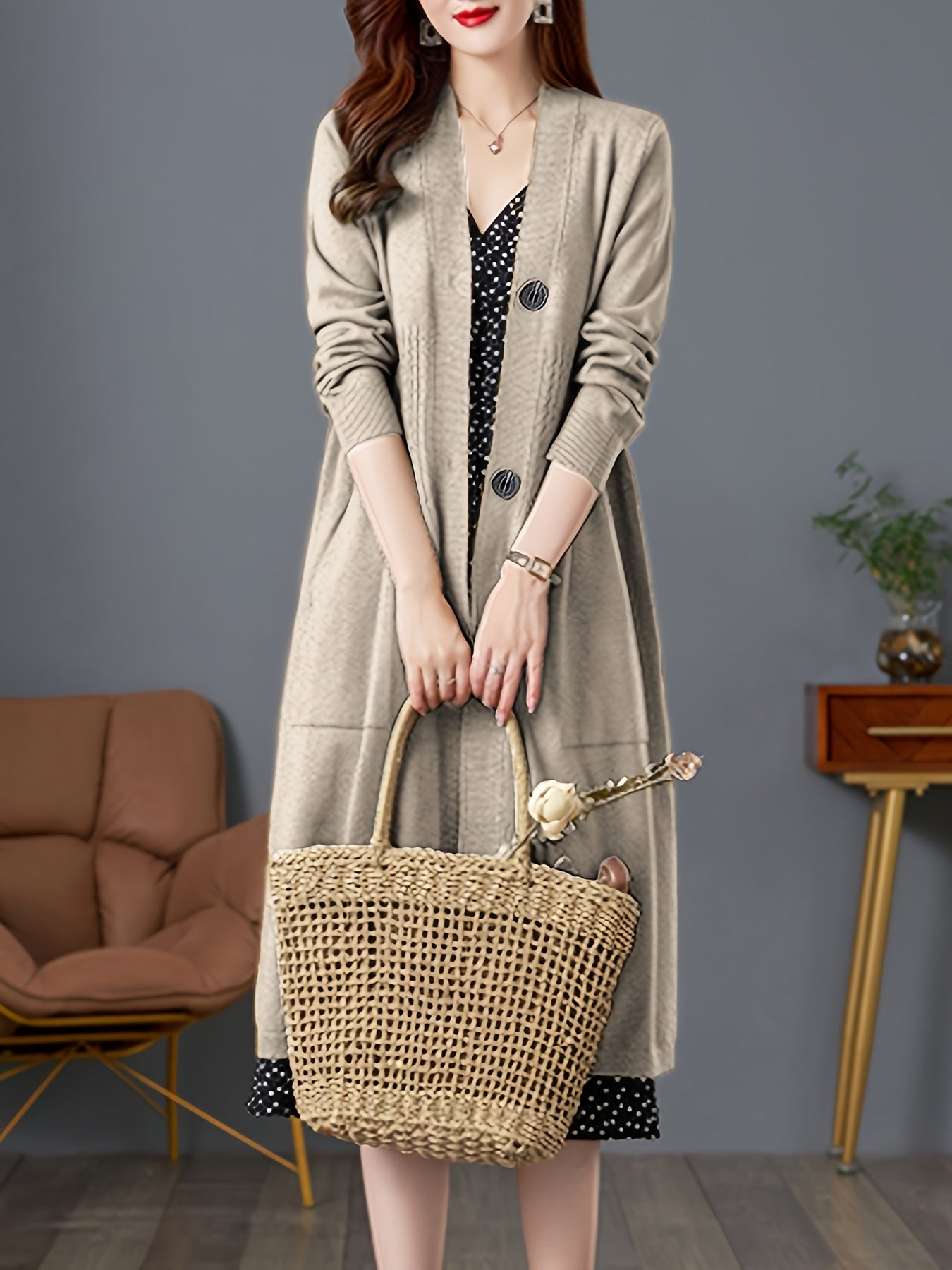 Solid Button Front Duster Cardigan, Casual Long Sleeve Slant Pockets Midi Cardigan For Fall & Winter, Women's Clothing