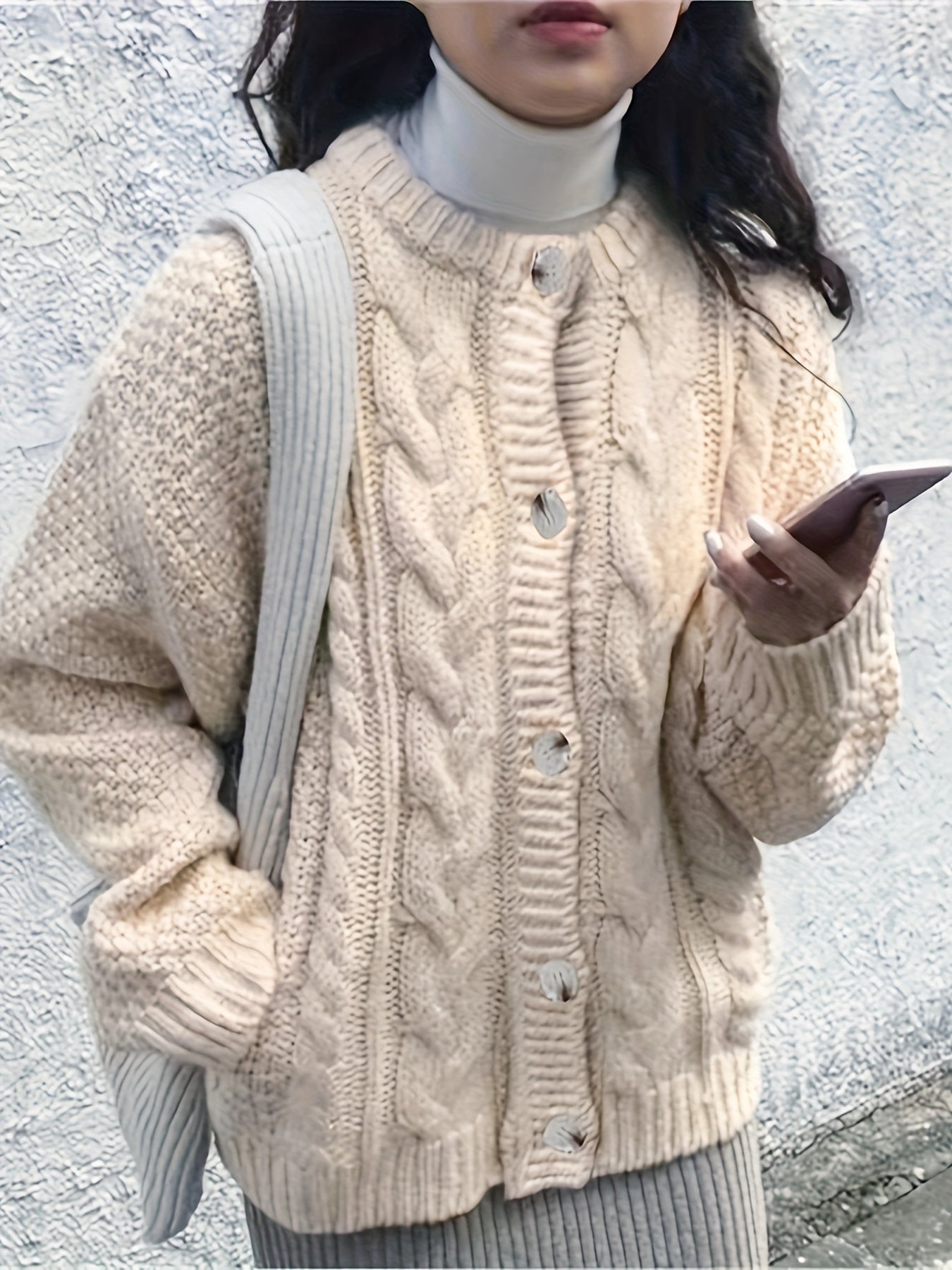 Solid Button Up Cable Knit Cardigan, Casual Long Sleeve Loose Thick Sweater, Women's Clothing