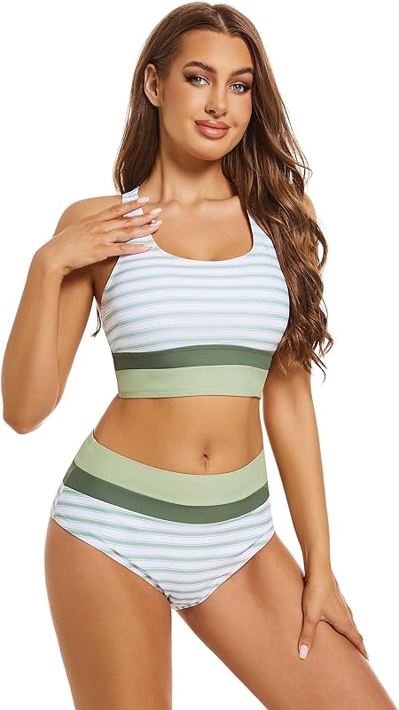 2 Piece Swimsuit for Women 2024 High-Waisted Color Block Bathing Suits Modest Sporty Bikinis Set - Seldom Seen Styles